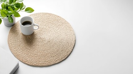 Aufkleber - Eco-style round mat made of straw fibers, flat lay on white