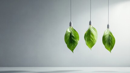 Poster - Hanging eco bulbs shaped like leaves, minimalist white background