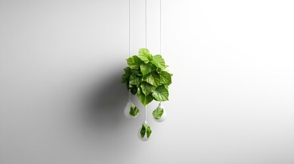 Poster - Hanging eco bulbs shaped like leaves, minimalist white background