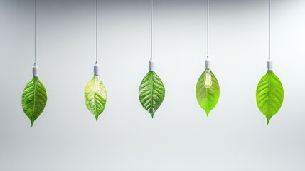 Poster - Hanging eco bulbs shaped like leaves, minimalist white background