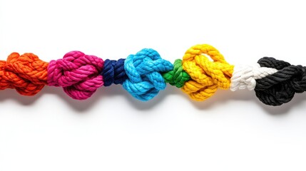 Poster - Knotted colorful ropes isolated on white, depicting strength through connection.