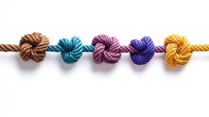 Poster - Knotted colorful ropes isolated on white, depicting strength through connection.