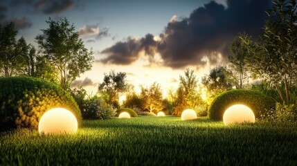 Poster - Landscape lighting brightening a luxury garden with trimmed bushes and evening skies.