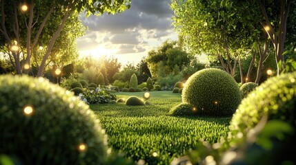 Poster - Landscape lighting brightening a luxury garden with trimmed bushes and evening skies.