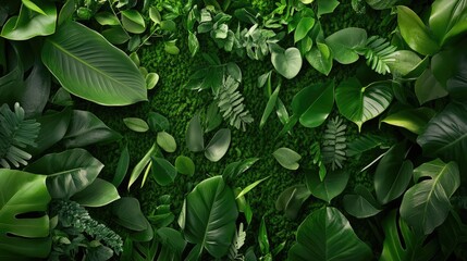 Poster - Lush vertical green wall with a mix of leaves and floral accents, perfect natural texture for design backgrounds