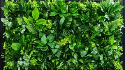 Poster - Lush vertical green wall with a mix of leaves and floral accents, perfect natural texture for design backgrounds