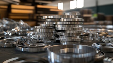 Poster - Metallic zinc-coated components curved and arranged in a stack, gleaming with industrial appeal.