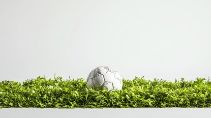 Aufkleber - Minimalist sports concept with soccer ball resting on green turf against a bright white backdrop