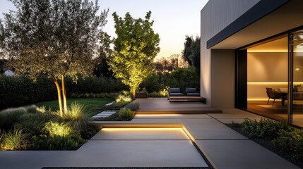 Poster - Modern outdoor lighting casting warm glows on a landscaped backyard at sunset.