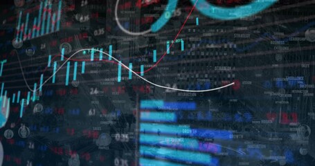 Poster - Presenting data overlay animating over urban street, featuring blue candlesticks and bar graphs