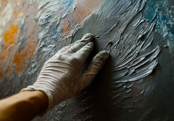 Artist's hand in white glove, applying textured paint to a canvas