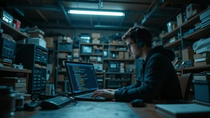 Focused coder working on laptop in a cluttered workshop, immersed in programming code