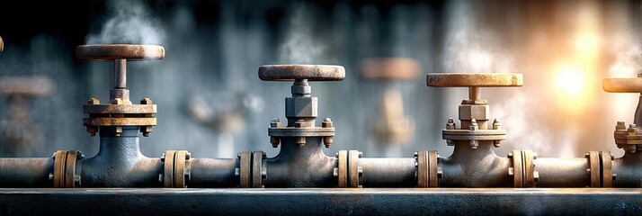 Leinwandbilder - Close-up View of Refinery Valves and Pipes Emitting Steam in Industrial Setting During Daylight