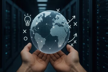 Fototapete - Global Technology in Hand:  a person holds a digital world map over server racks, illustrating global connectivity and the power of technology in the modern era.