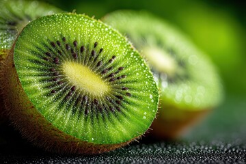 Poster - Sliced Kiwi Fruit Revealing Vibrant Green Flesh and Tiny Black Seeds in Close-Up Perspective, Showcasing Fresh and Juicy Details