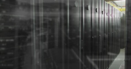 Poster - Black server racks being rendered receding down corridor, showing overhead cable trays in 3D render