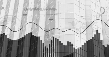 Poster - Data visualization showing bar chart, line graph overlaying grid facade, with gauge and map inset