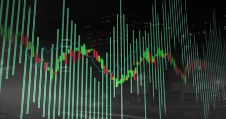 Poster - Financial data overlay moving across dark urban street scene, featuring green bars and candlesticks