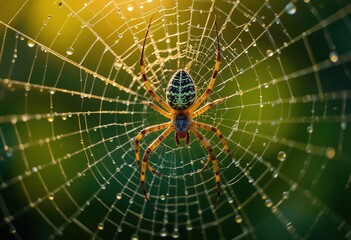 Colorful Spider on Dewy Web at Sunrise – Macro Insect Photography in Nature