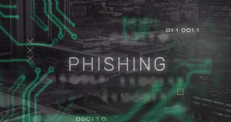 Poster - Glowing PHISHING text floating above urban cityscape, showing neon green circuits and binary code