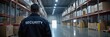 © 2April - Man in security uniform stands in a large warehouse aisle among shelves of boxes. Warehouse security.