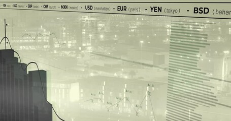 Poster - Digital trading dashboard being animated in urban view, with jagged charts, currency labels
