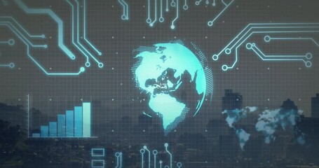 Poster - Holographic globe floating over skyline at dusk, showing turquoise traces, bar chart and world map