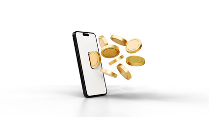 Smartphone with golden coins mock up with shadows. Financial application, cashback and earning concept with golden coins returning back from smartphone template. Blank screen phone and gold coins.