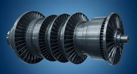 Poster - Close Up of Shiny Metal Turbine Engine Components on Dark Blue Background
