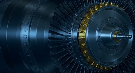 Poster - Close Up of Shiny Metallic Turbine Machinery in Blue and Gold Precision Engineering