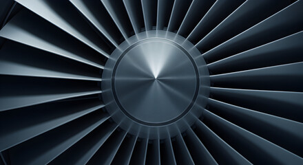 Poster - Close Up of Jet Engine Turbine Blades in Metallic Silver Tones on Dark Gray Backdrop