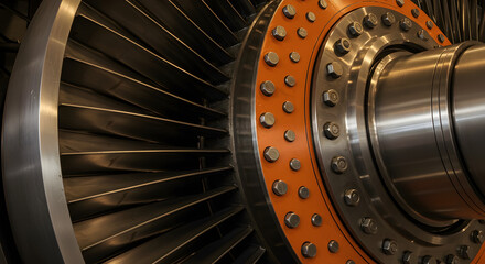 Poster - Close up of a Complex Industrial Turbine Engine with Steel Blades and an Orange Ring