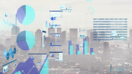 Poster - Data visualizations floating above hazy skyline showing pie charts bar charts and line graphs