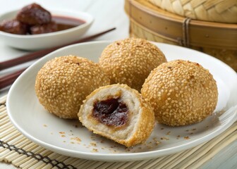 Poster - plate of sesame seed buns filled with red bepaste.