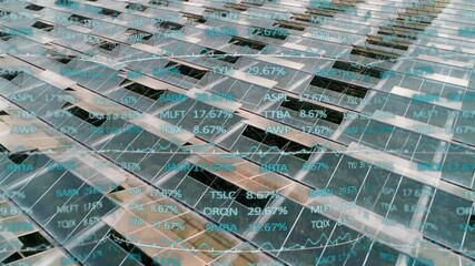 Poster - Angled reflective glass panel grid displaying floating turquoise stock symbols with 3D line charts