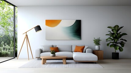 Fototapete - A bright and airy modern living area featuring a spacious sectional sofa minimalist furnishings and an earthy color palette creating a peaceful Scandinavian style ambiance with natural lighting