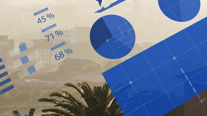 Poster - Blue schematic circle graphic floating over hazy urban skyline, showing finance icons and charts