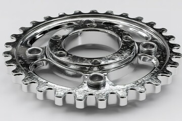 Poster - Shiny metallic gear component displayed on a clean surface reflecting light in a bright setting