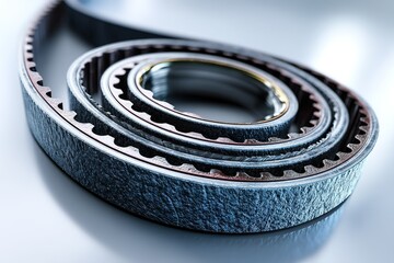Poster - Close-up of a metallic industrial timing belt in a workshop setting showcasing intricate design and texture