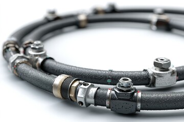 Poster - Detailed view of industrial hydraulic hoses with metal connectors showcasing robust design and functionality in engineering applications