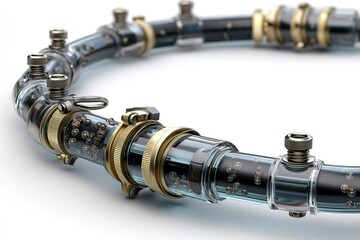 Poster - Unique transparent loop structure with metallic fittings and bubbles captured in studio lighting