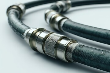 Poster - Close-up view of metallic hydraulic hose fittings with water droplets on a dark background