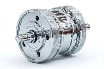 Poster - Detailed view of a chrome engine component on a white background showcasing intricate design and craftsmanship for automotive enthusiasts