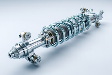Poster - Metal shock absorber with coil spring displaying intricate design and engineering in a studio setting