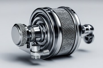 Poster - Detailed close-up of a chrome industrial filter component showcasing its intricate design and craftsmanship