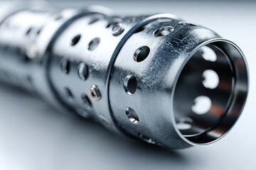 Poster - Close-up view of a metallic component showcasing intricate perforations and reflective surface