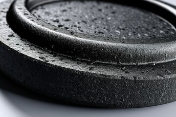 Poster - Close-up view of a textured black cast iron surface showcasing condensation droplets in a studio setting