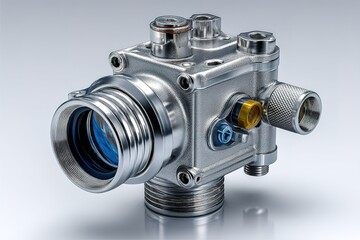 Poster - Complex silver camera lens mount on a smooth gray background showcasing intricate details and engineering