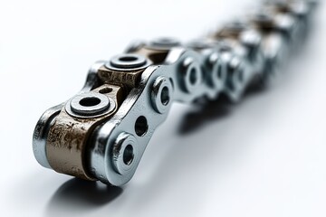 Poster - Close up view of a metallic bicycle chain showcasing intricate details and textures against a smooth background