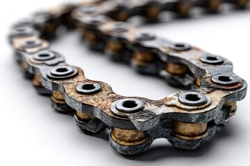 Poster - Rusty bicycle chain resting on a white surface highlighting wear and tear during daylight